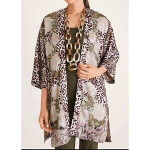 Chicos Ruana Wrap Kimono Size L/XL Brown Tan Floral Animal Print Poncho Silky
